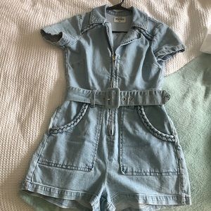 Show Me Your Mumu Denim Outlaw Romper In Tide